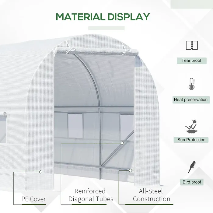 Chilli 4.5 x 2 x 2 m Polytunnel Greenhouse, Walk-in Green House for Garden with Mesh Windows, Galvanised Steel Frame, White
