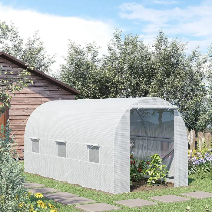 Chilli 4.5 x 2 x 2 m Polytunnel Greenhouse, Walk-in Green House for Garden with Mesh Windows, Galvanised Steel Frame, White