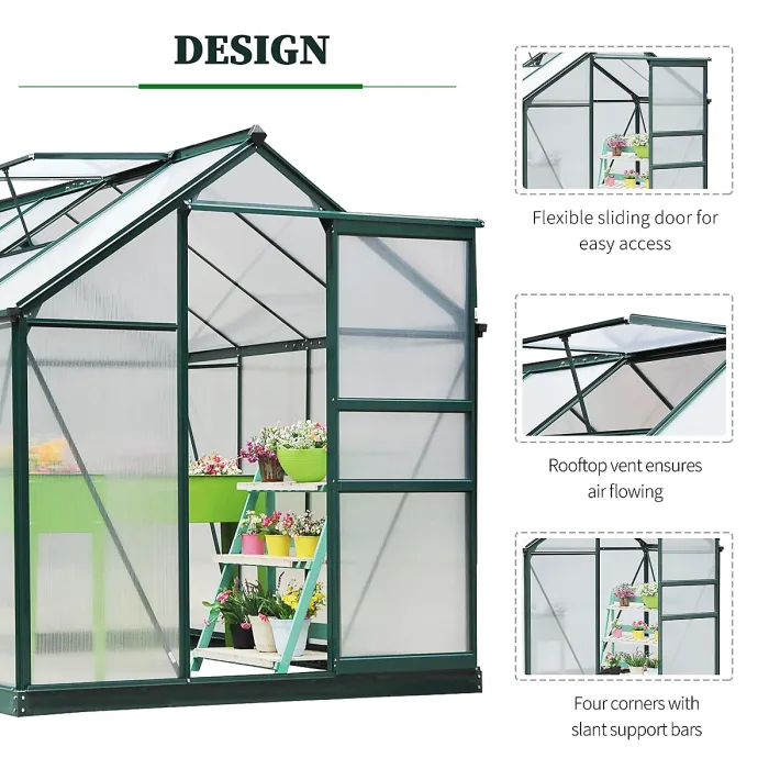 Chilli 6 x 8ft Polycarbonate Greenhouse, Large Walk-In Green House with Slide Door and Window, Garden Plants Grow House