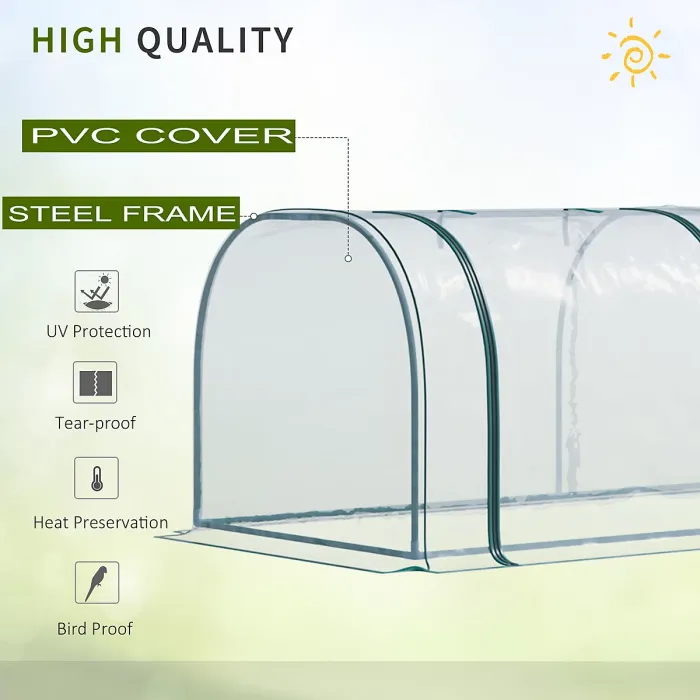 Chilli Mini Greenhouse, Small Polytunnel Green House with Zipped Doors, Steel Frame for Garden Patio, 300 x 100 x 80cm, Clear