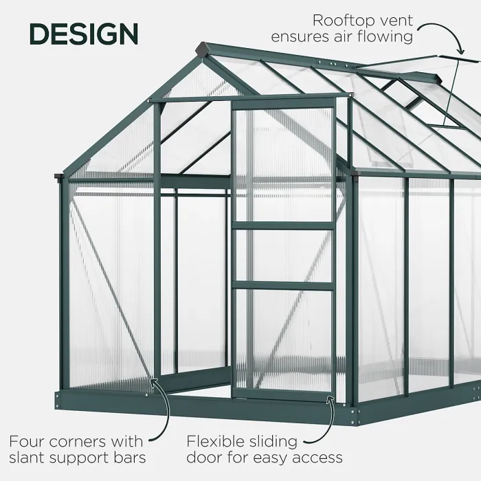 Chilli 6 x 10ft Polycarbonate Greenhouse, Large Walk-In Green House with Slide Door and Window, Garden Plants Grow House