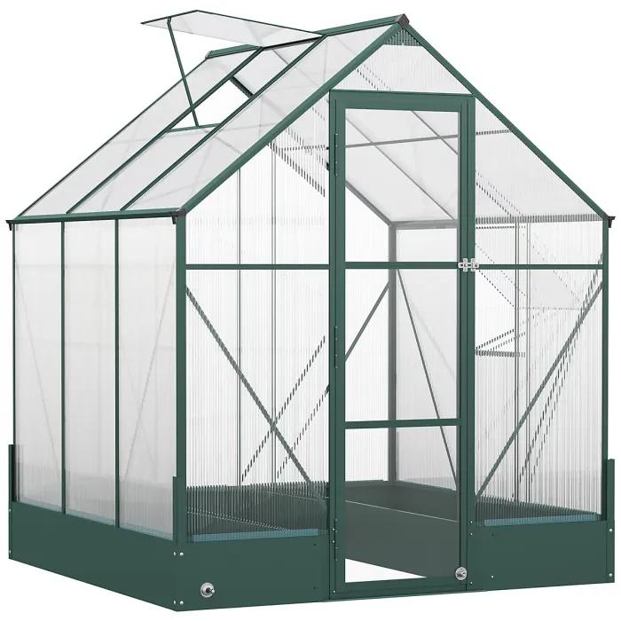 Chilli 6x6 FT Polycarbonate Greenhouse with Base and Raised Bed, Walk-in Greenhouse with Aluminium Frame