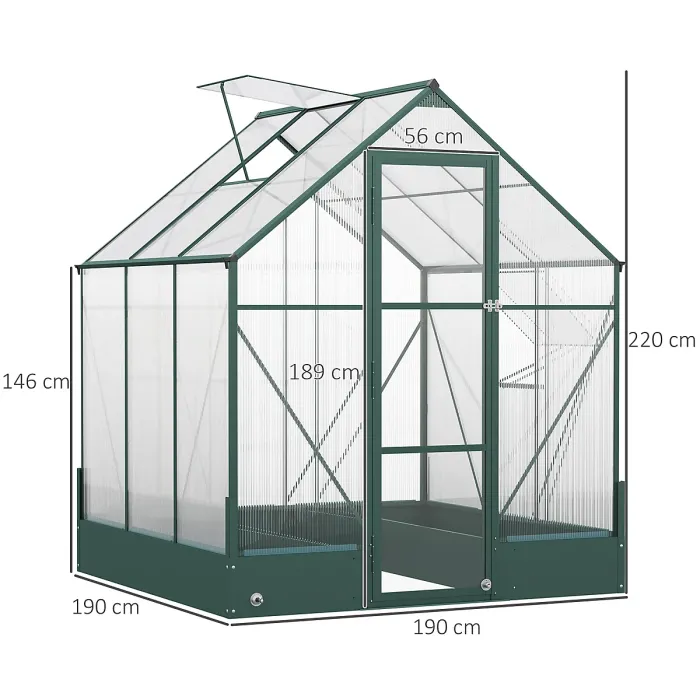 Chilli 6x6 FT Polycarbonate Greenhouse with Base and Raised Bed, Walk-in Greenhouse with Aluminium Frame