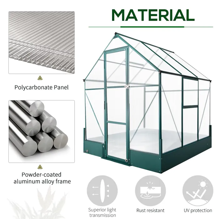 Chilli 6x6 FT Polycarbonate Greenhouse with Base and Raised Bed, Walk-in Greenhouse with Aluminium Frame