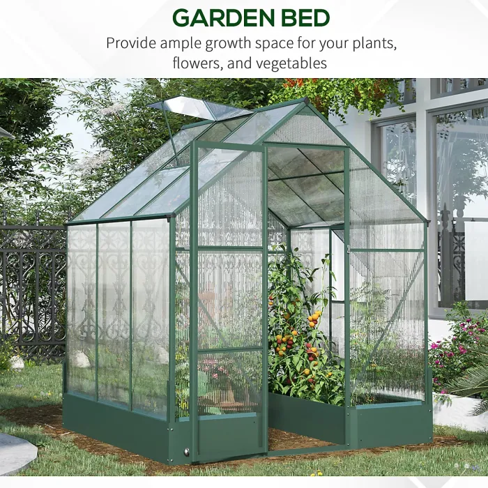 Chilli 6x6 FT Polycarbonate Greenhouse with Base and Raised Bed, Walk-in Greenhouse with Aluminium Frame