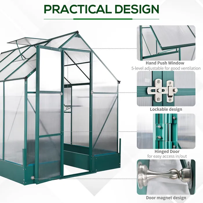 Chilli 6x8 FT Polycarbonate Greenhouse with Base and Raised Bed, Walk-in Greenhouse with Aluminium Frame