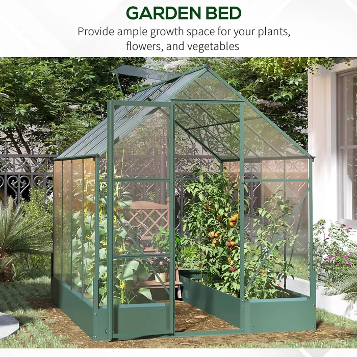 Chilli 6x8 FT Polycarbonate Greenhouse with Base and Raised Bed, Walk-in Greenhouse with Aluminium Frame
