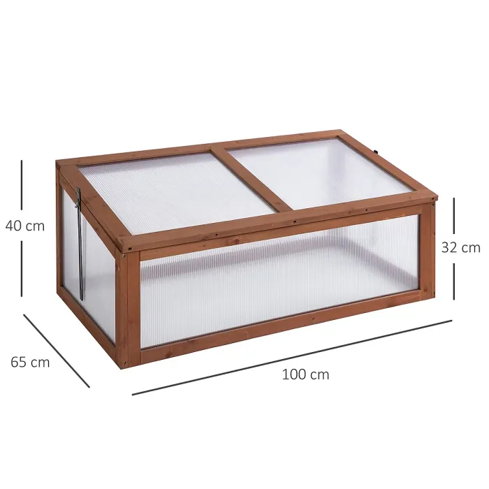Chilli Wooden Cold Frame, Small Polycarbonate Greenhouse for Plants with Openable & Tilted Top Cover, Brown, 100 x 65 x 40cm
