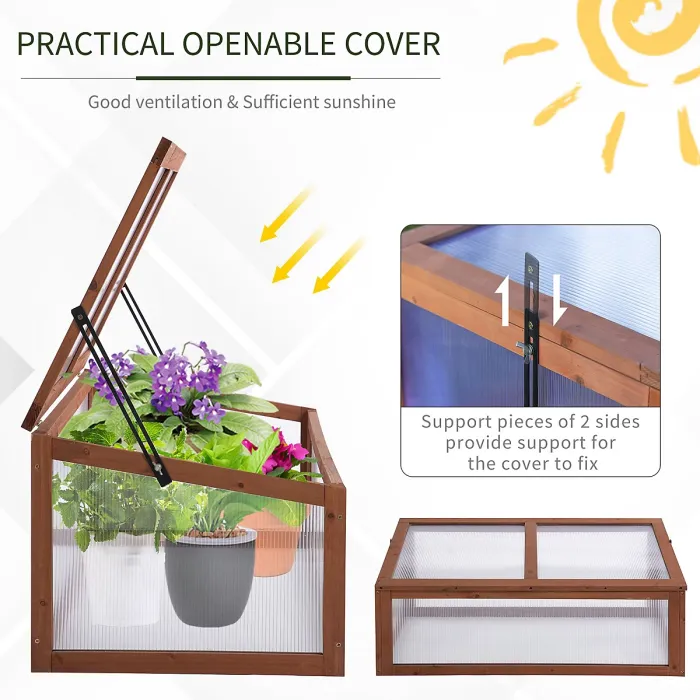 Chilli Wooden Cold Frame, Small Polycarbonate Greenhouse for Plants with Openable & Tilted Top Cover, Brown, 100 x 65 x 40cm