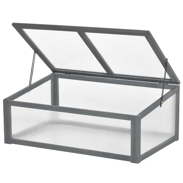 Chilli Wooden Cold Frame, Small Polycarbonate Greenhouse for Plants with Openable & Tilted Top Cover, Grey, 100 x 65 x 40cm