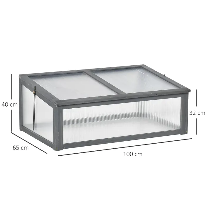 Chilli Wooden Cold Frame, Small Polycarbonate Greenhouse for Plants with Openable & Tilted Top Cover, Grey, 100 x 65 x 40cm