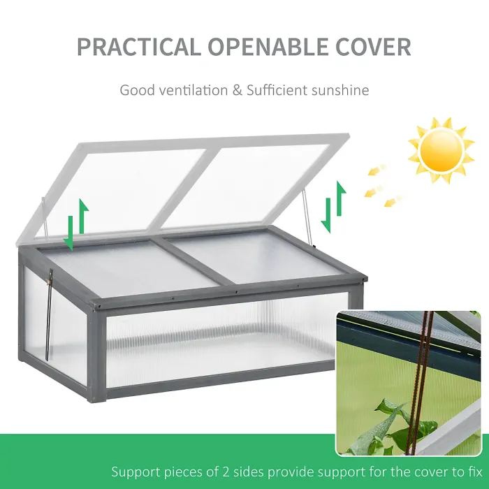 Chilli Wooden Cold Frame, Small Polycarbonate Greenhouse for Plants with Openable & Tilted Top Cover, Grey, 100 x 65 x 40cm