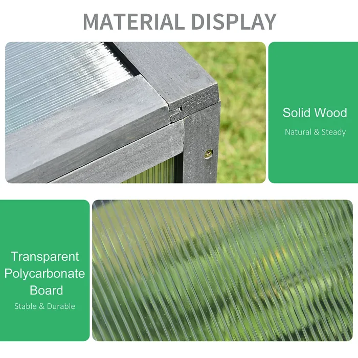 Chilli Wooden Cold Frame, Small Polycarbonate Greenhouse for Plants with Openable & Tilted Top Cover, Grey, 100 x 65 x 40cm