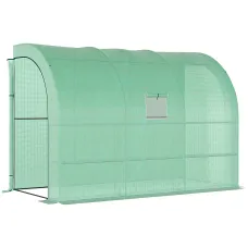 Chilli Walk-In Lean to Greenhouse with Windows and Zippered Doors, 2 Tiers 6 Wired Shelves 300L x 150W x 213Hcm Green