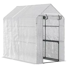 Chilli Walk In Greenhouse with 2-Tier Shelves, Roll up Zip Panel Door, Garden Polytunnel Steeple Grow House for Outdoor