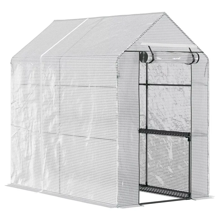 Chilli Walk In Greenhouse with 2-Tier Shelves, Roll up Zip Panel Door, Garden Polytunnel Steeple Grow House for Outdoor