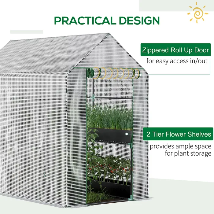 Chilli Walk In Greenhouse with 2-Tier Shelves, Roll up Zip Panel Door, Garden Polytunnel Steeple Grow House for Outdoor