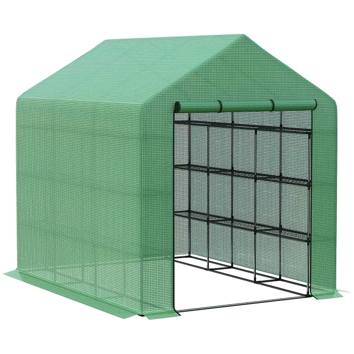 Chilli Walk-in Greenhouse with 4 Tier 24 Shelves, Portable Grow House with Roll-up Zipped Door, 244 x 180 x 210cm, Green