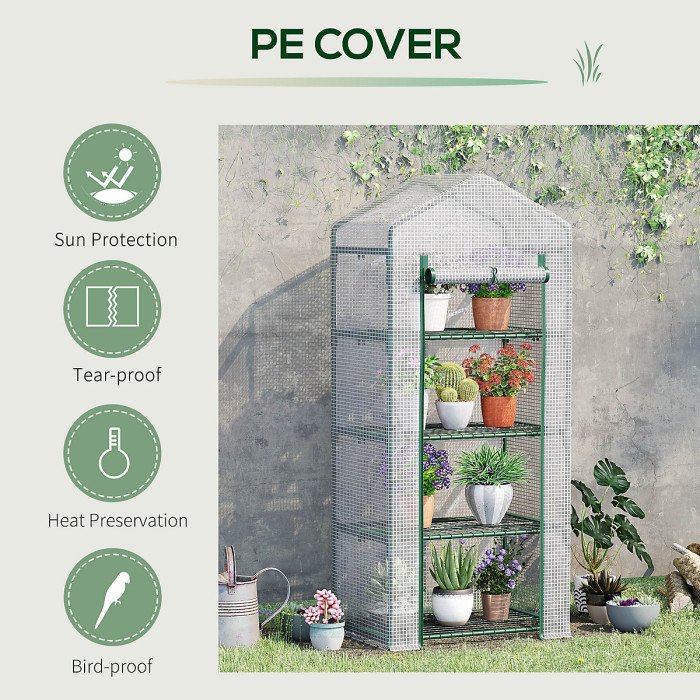 Chilli 4 Tier Mini Greenhouse, Portable Compact Green House with Steel Frame, PE Cover, Roll-up Door, 70 x 50 x 160 cm, White