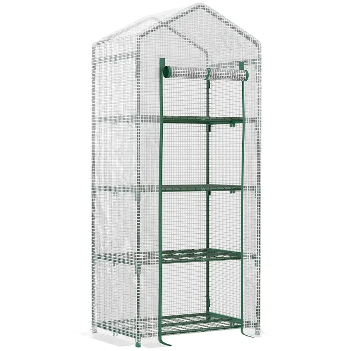 Chilli 4 Tier Mini Greenhouse, Portable Compact Green House with Steel Frame, PE Cover, Roll-up Door, 70 x 50 x 160 cm, White