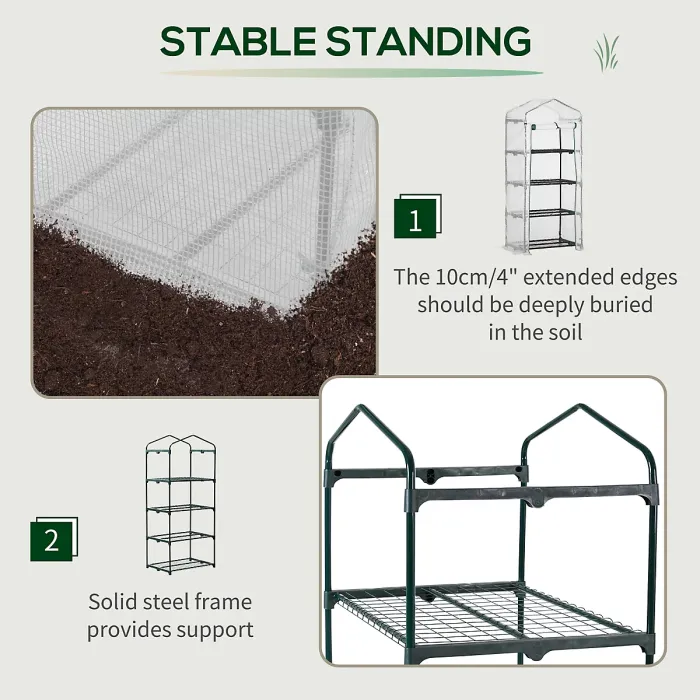 Chilli 4 Tier Mini Greenhouse, Portable Compact Green House with Steel Frame, PE Cover, Roll-up Door, 70 x 50 x 160 cm, White