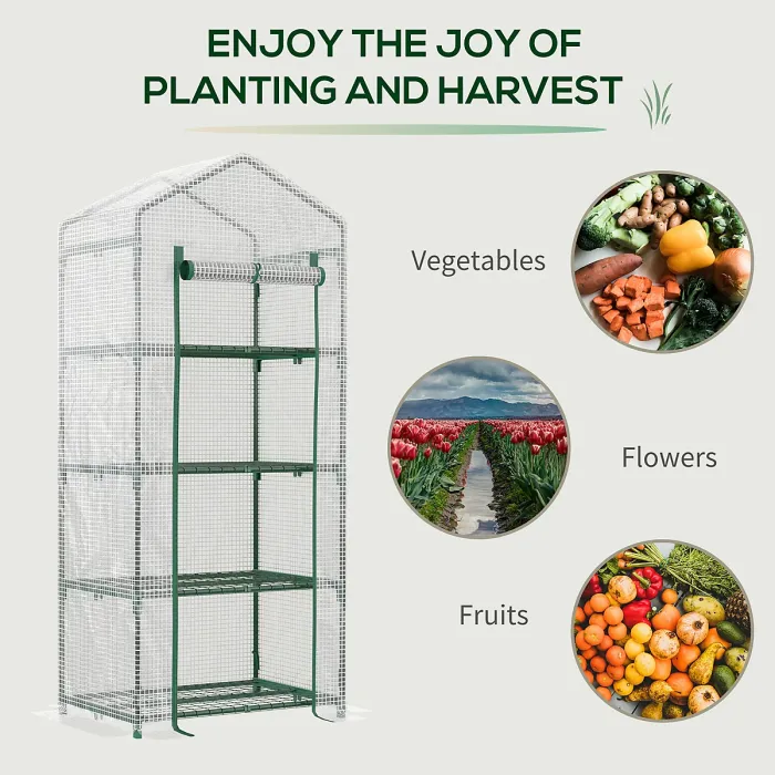 Chilli 4 Tier Mini Greenhouse, Portable Compact Green House with Steel Frame, PE Cover, Roll-up Door, 70 x 50 x 160 cm, White
