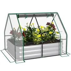 Chilli Raised Garden Bed with Greenhouse, Steel Planter Box with Plastic Cover, Roll Up Window, Dual Use for Flowers, Vegetables