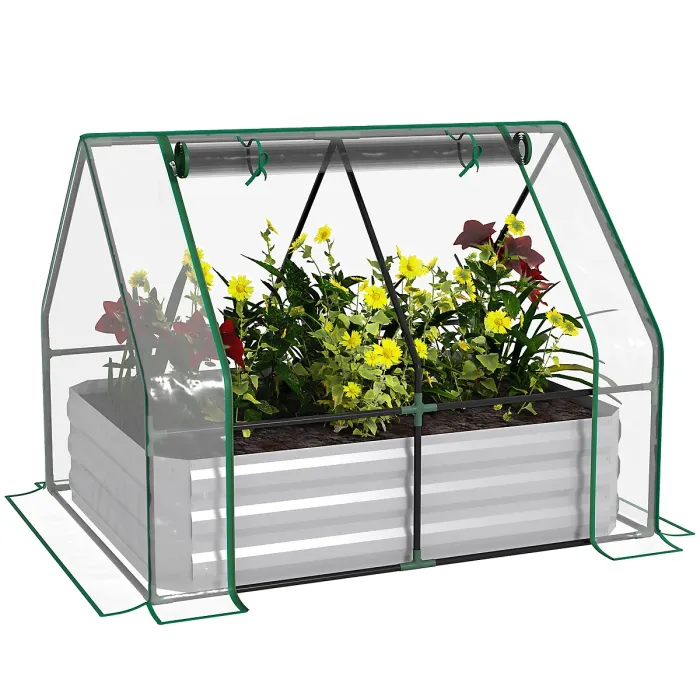 Chilli Raised Garden Bed with Greenhouse, Steel Planter Box with Plastic Cover, Roll Up Window, Dual Use for Flowers, Vegetables