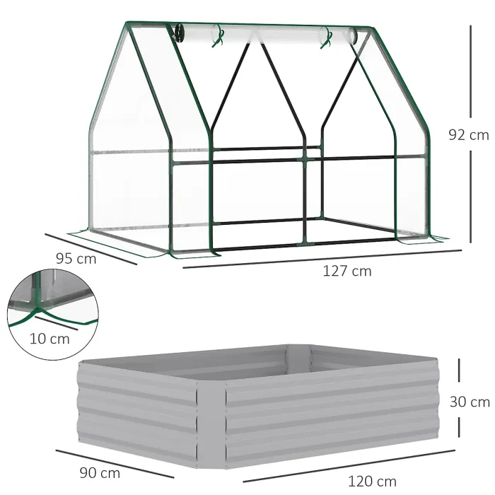 Chilli Raised Garden Bed with Greenhouse, Steel Planter Box with Plastic Cover, Roll Up Window, Dual Use for Flowers, Vegetables
