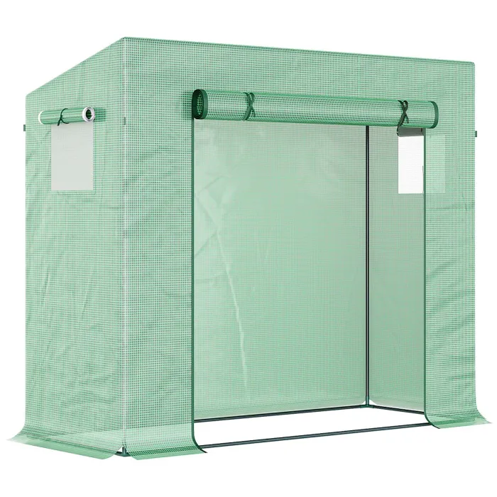 Chilli Small Walk-in Garden Greenhouse with Steel Frame, Large Roll-up Door and Windows, 200Lx76Wx168Hcm, Green