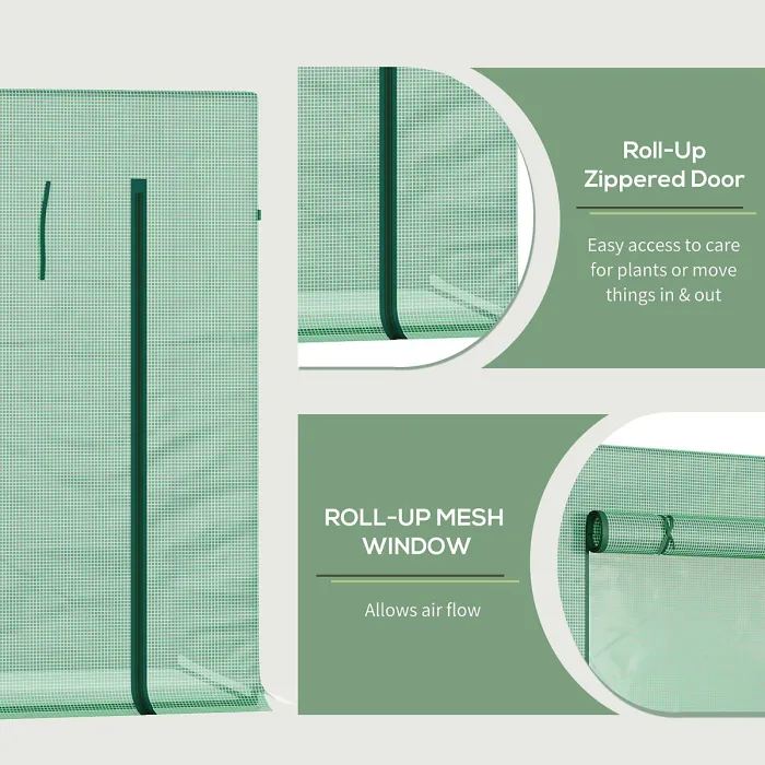 Chilli Small Walk-in Garden Greenhouse with Steel Frame, Large Roll-up Door and Windows, 200Lx76Wx168Hcm, Green