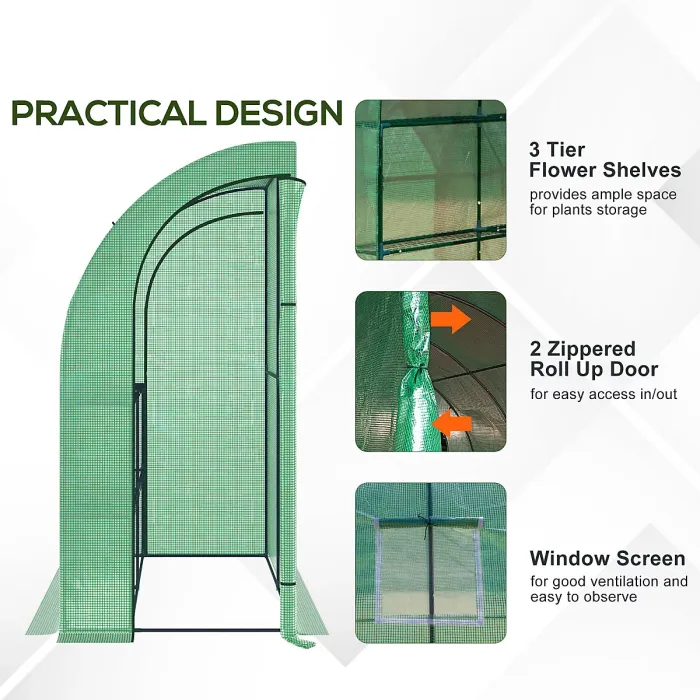 Chilli Walk-In Lean to Wall Greenhouse with Windows and Doors, Outdoor Green House with 3 Tiers 4 Wired Shelves