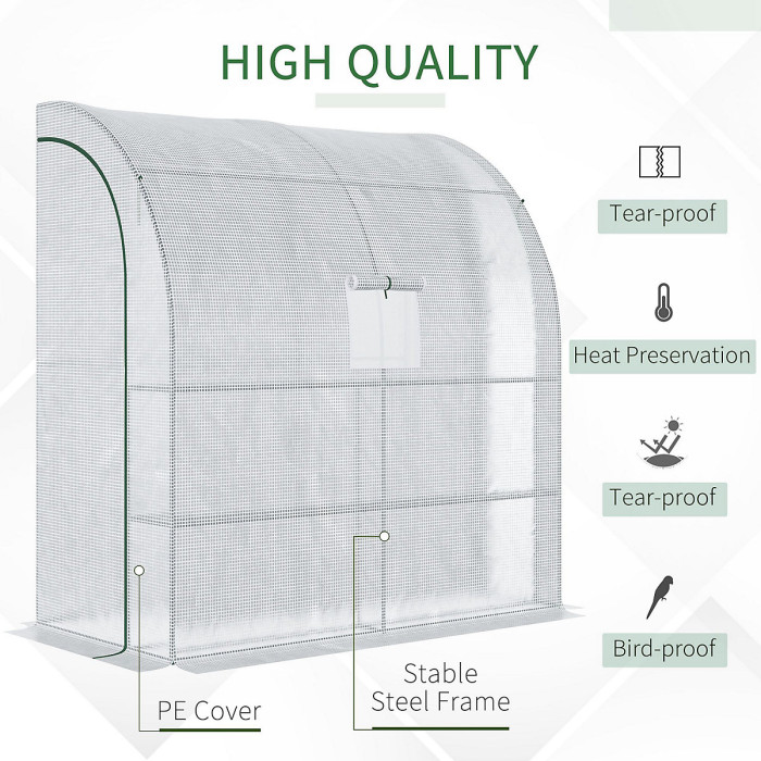 Chilli Walk-In Lean to Wall Greenhouse with Windows and Doors 2 Tiers 4 Wired Shelves 200L x 100W x 215Hcm White