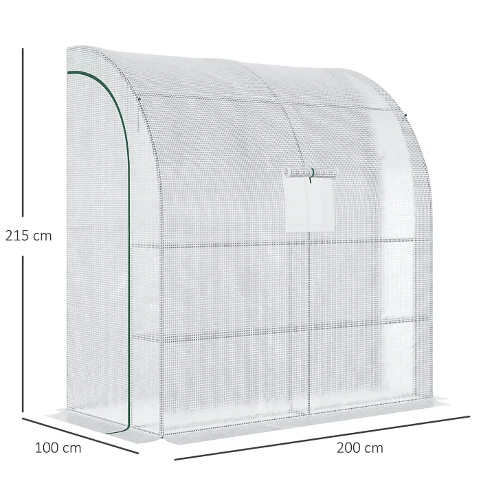 Chilli Walk-In Lean to Wall Greenhouse with Windows and Doors 2 Tiers 4 Wired Shelves 200L x 100W x 215Hcm White