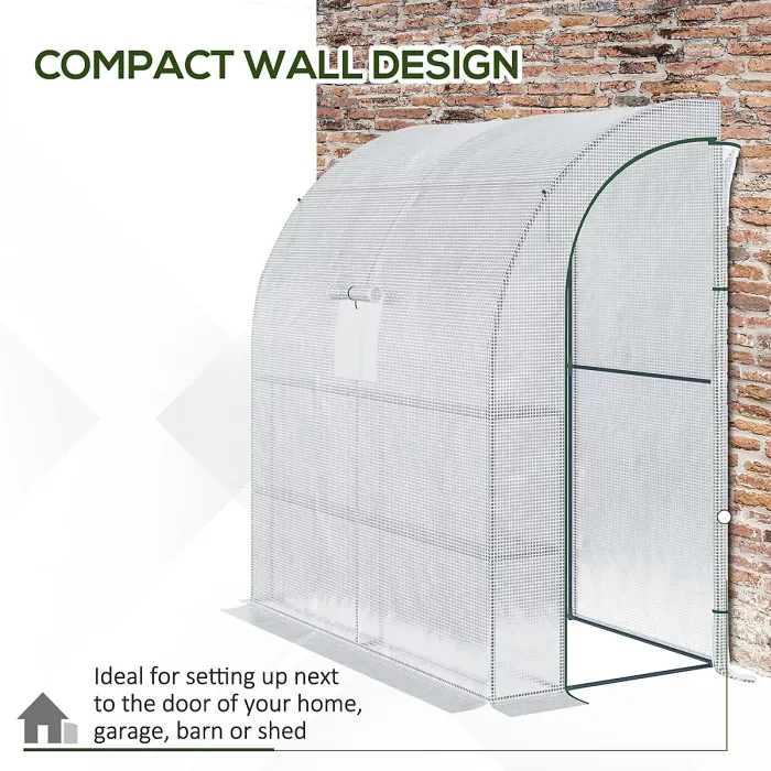 Chilli Walk-In Lean to Wall Greenhouse with Windows and Doors 2 Tiers 4 Wired Shelves 200L x 100W x 215Hcm White