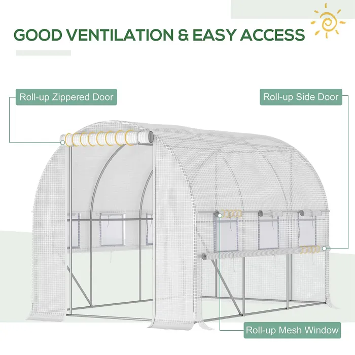 Chilli Walk-in Polytunnel Greenhouse Green House with Roll-up Sidewalls, UV-resistant PE Cover, 3 x 2 x 2m, White