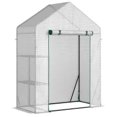 Chilli Walk In Greenhouse with 2 Tier Shelf, Portable Gardening Plant Grow House with Roll up Zip Panel Door, Reinforced PE Cover