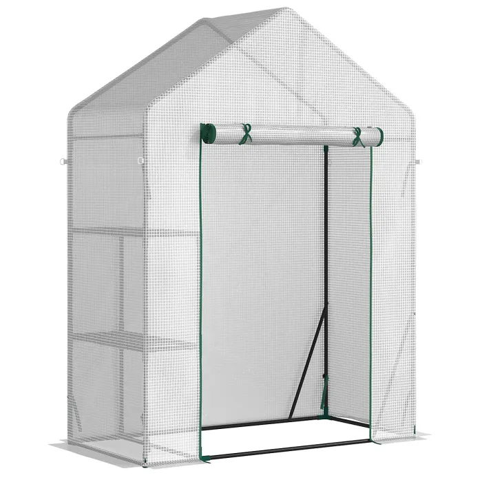 Chilli Walk In Greenhouse with 2 Tier Shelf, Portable Gardening Plant Grow House with Roll up Zip Panel Door, Reinforced PE Cover