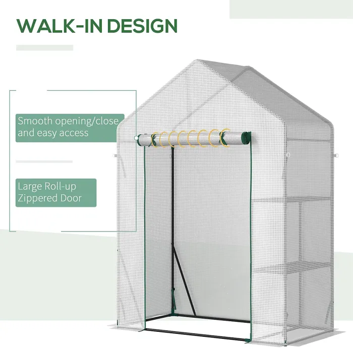Chilli Walk In Greenhouse with 2 Tier Shelf, Portable Gardening Plant Grow House with Roll up Zip Panel Door, Reinforced PE Cover