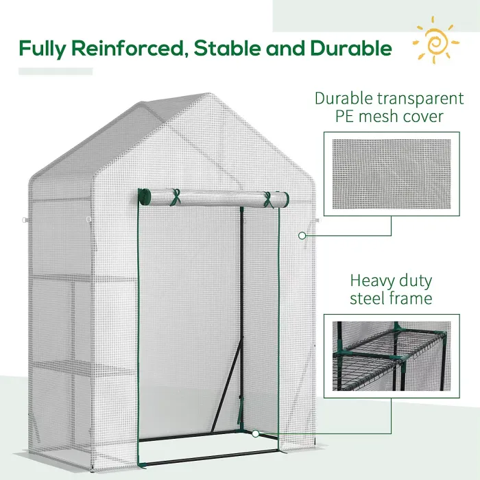 Chilli Walk In Greenhouse with 2 Tier Shelf, Portable Gardening Plant Grow House with Roll up Zip Panel Door, Reinforced PE Cover