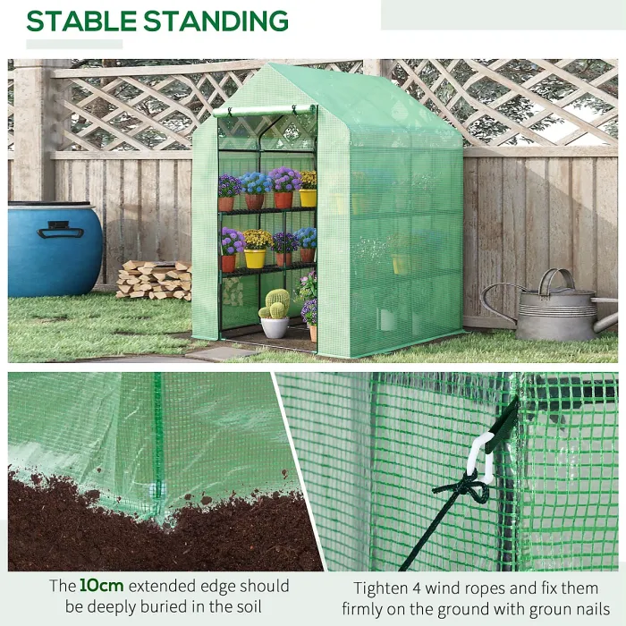 Chilli Walk in Greenhouse with Shelves Steeple Green House for Garden Grow House Removable Cover 143x138x190cm, Green