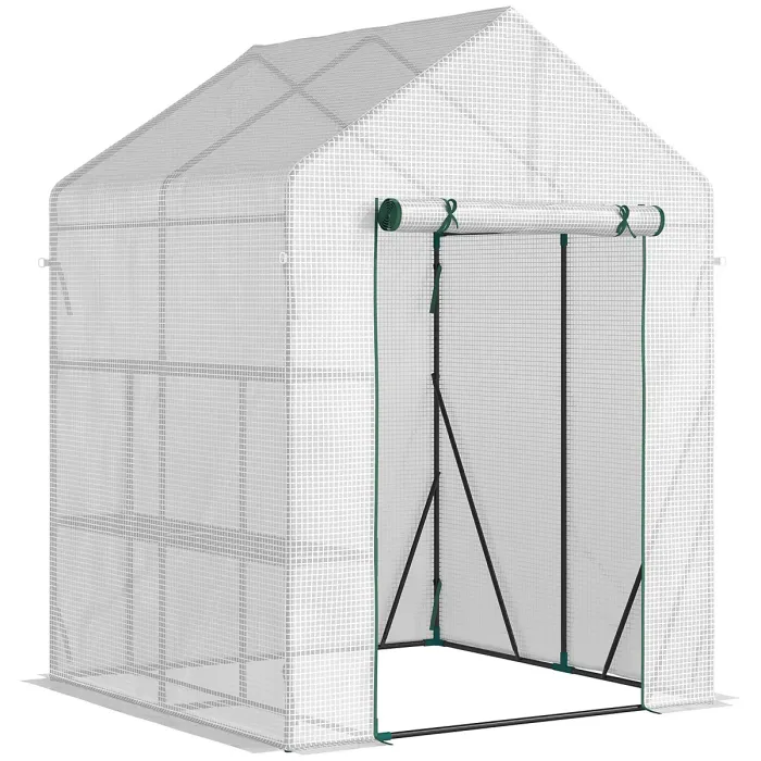 Chilli Walk In Greenhouse with 2 Tier Shelf, Portable Gardening Plant Grow House with Roll up Zip Panel Door, Reinforced PE Cover