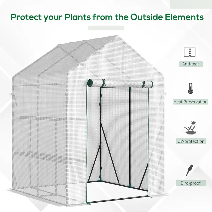 Chilli Walk In Greenhouse with 2 Tier Shelf, Portable Gardening Plant Grow House with Roll up Zip Panel Door, Reinforced PE Cover