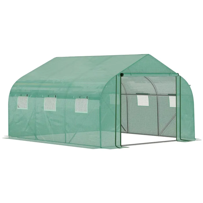 Chilli Walk-in Polytunnel Garden Greenhouse, Outdoor Mesh Door Greenhouse with PE Cover and 6 Windows, 3.5 x 3 x 2m, Green