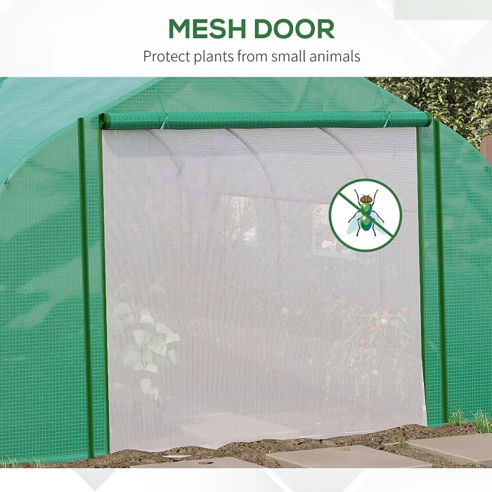 Chilli Walk-in Polytunnel Garden Greenhouse, Outdoor Mesh Door Greenhouse with PE Cover and 6 Windows, 3.5 x 3 x 2m, Green