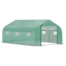 Chilli Walk-in Polytunnel Garden Greenhouse, Outdoor Mesh Door Greenhouse with PE Cover and 6 Windows, 4.5 x 3 x 2m, Green