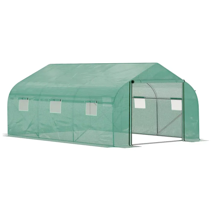 Chilli Walk-in Polytunnel Garden Greenhouse, Outdoor Mesh Door Greenhouse with PE Cover and 6 Windows, 4.5 x 3 x 2m, Green
