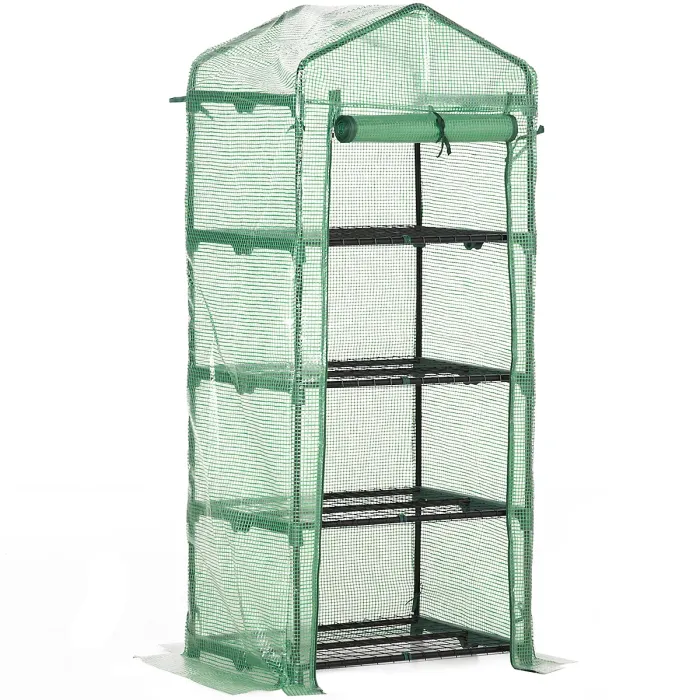 Chilli 4 Tier Mini Greenhouse, Portable Compact Green House with Steel Frame, PE Cover, Roll-up Door, 70 x 50 x 160 cm, Green