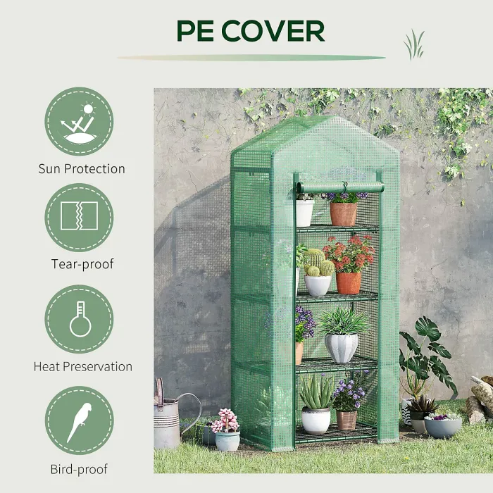 Chilli 4 Tier Mini Greenhouse, Portable Compact Green House with Steel Frame, PE Cover, Roll-up Door, 70 x 50 x 160 cm, Green