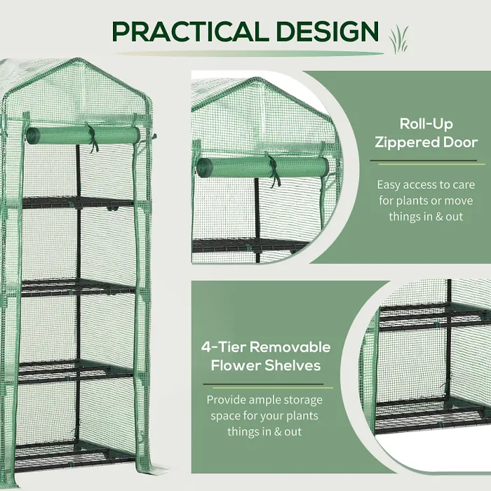 Chilli 4 Tier Mini Greenhouse, Portable Compact Green House with Steel Frame, PE Cover, Roll-up Door, 70 x 50 x 160 cm, Green